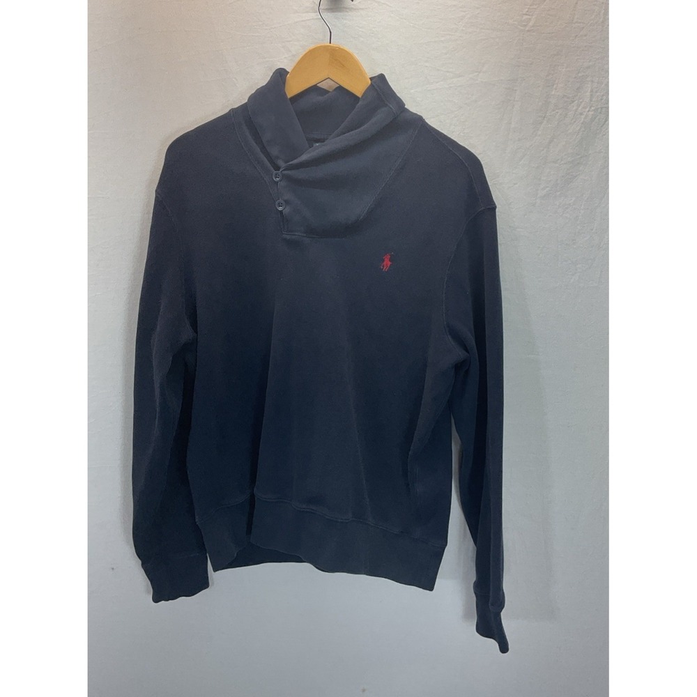 Polo Ralph‎ Lauren Shawl Collar Sweatshirt Mens L Navy Blue Cotton Pullover Pony